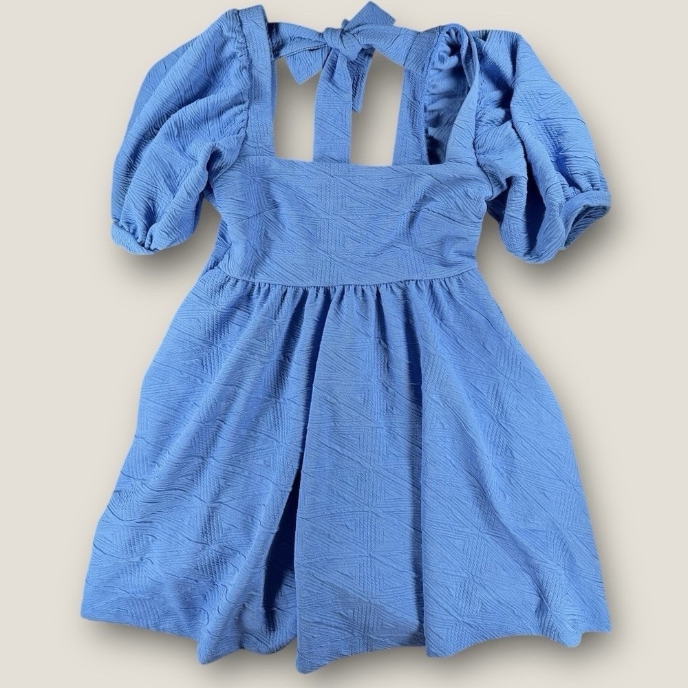 Free People Dress S Babydoll Violet Square Neck Puff Sleeve Tie Back Mini Blue‎
